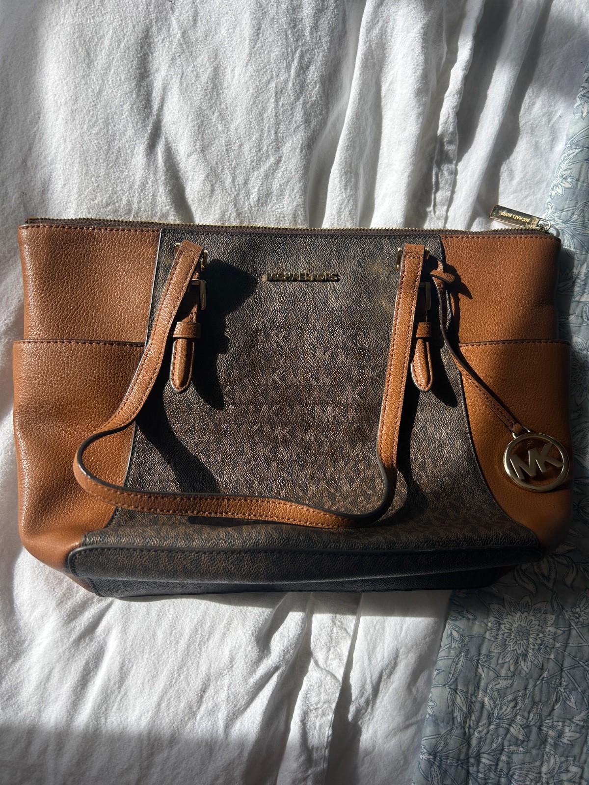 Michael Kors Charlotte Tote Bag Brown Signature MK Logo Shoulder Purse Medium