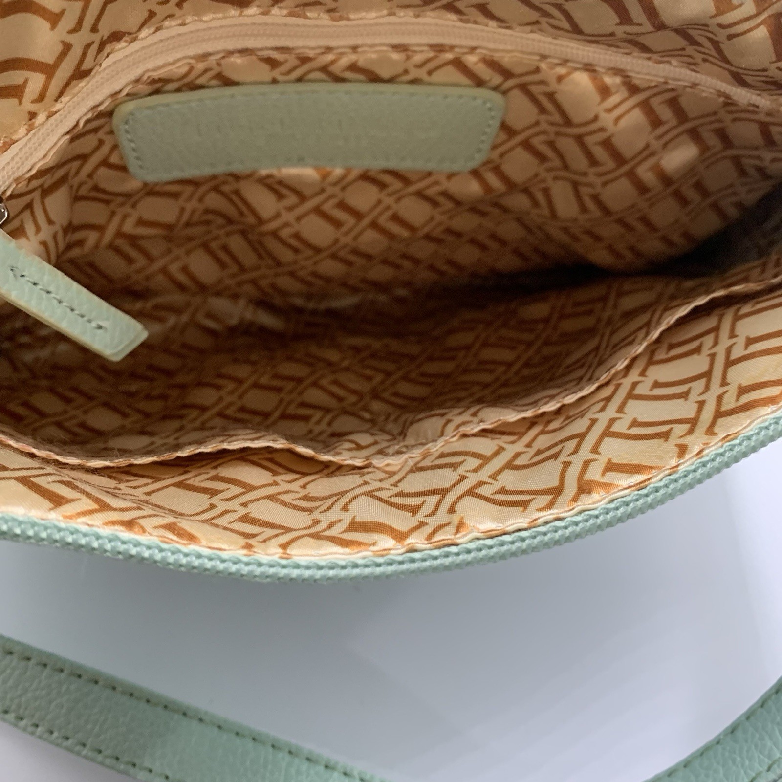 Tiganello Mint Green Tectured Leather Crossbody Zip Up Bag Adj Strap