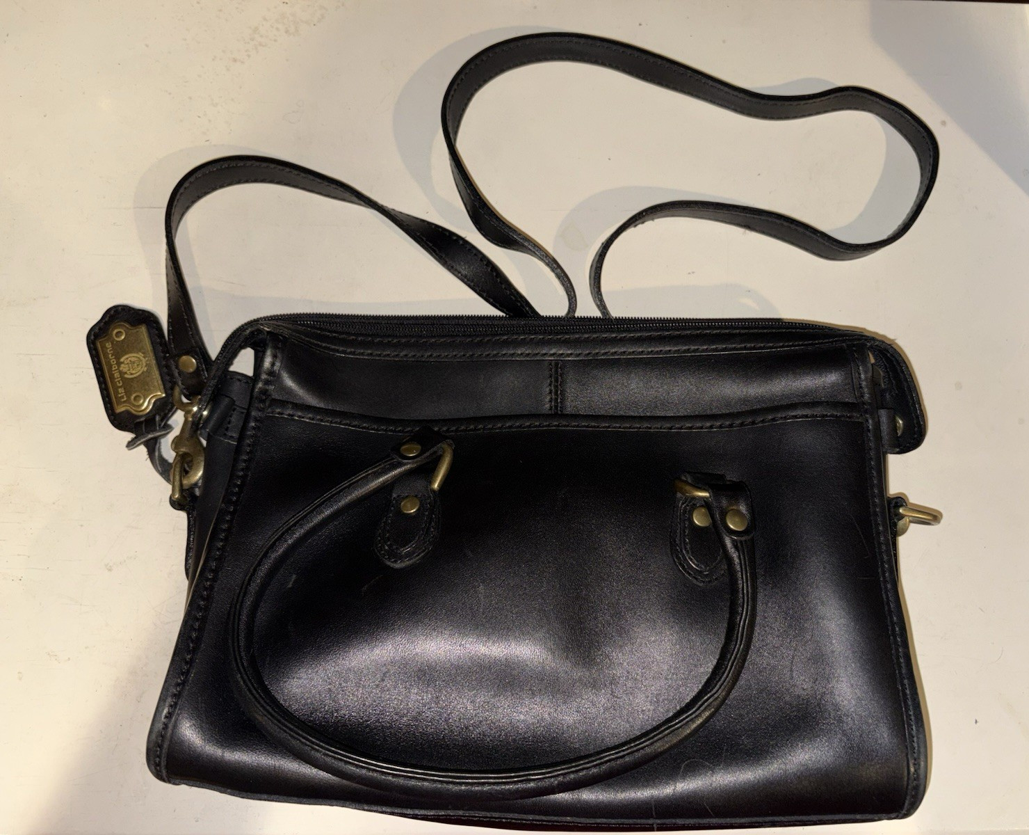 Liz Claiborne Black Satchel Top Handle Bag Zip Strap Pockets Moccasin Leather