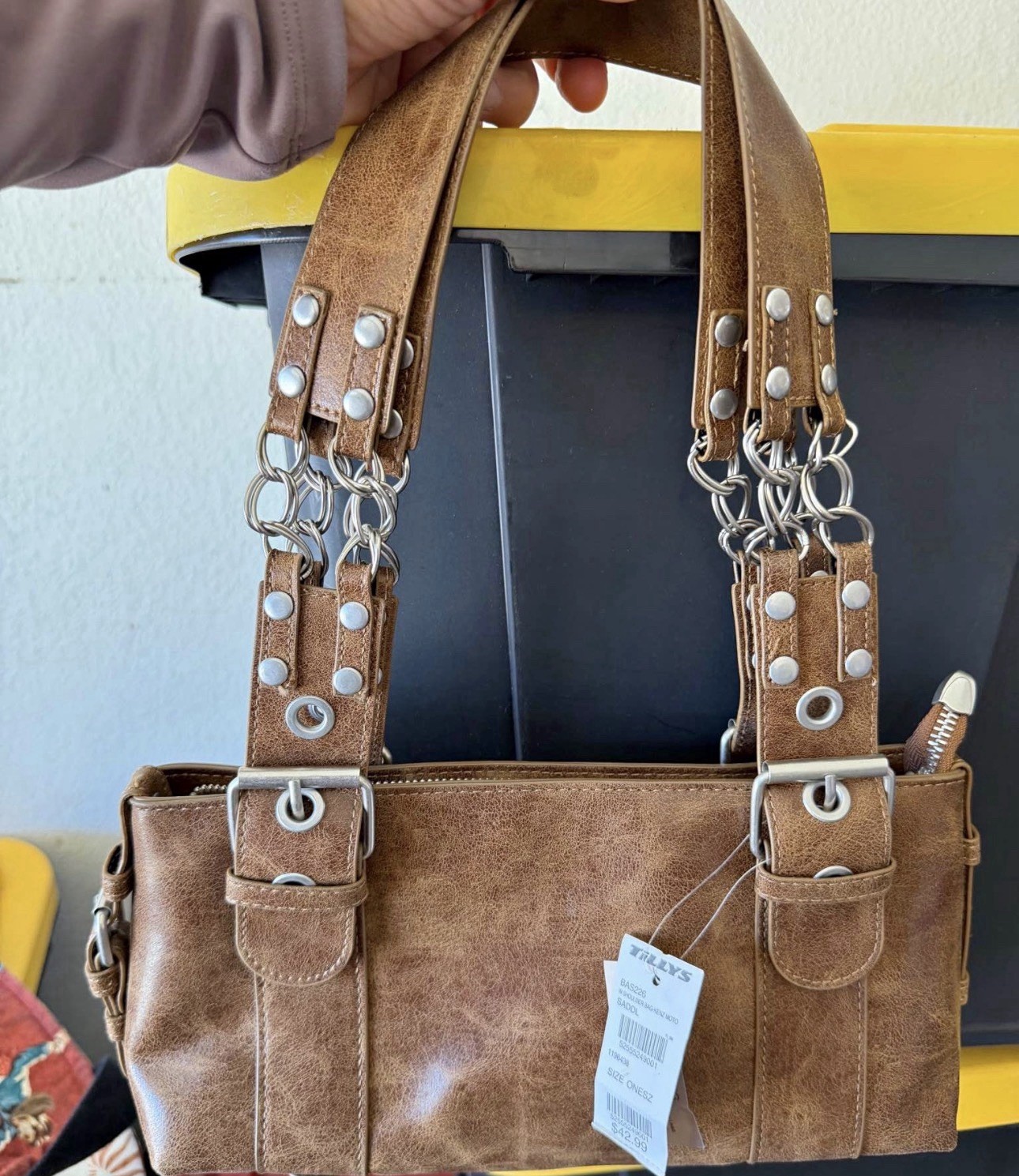 Tillys Distressed Brown Moto Zip Shoulder Bag Studded Grommet Inner Pockets