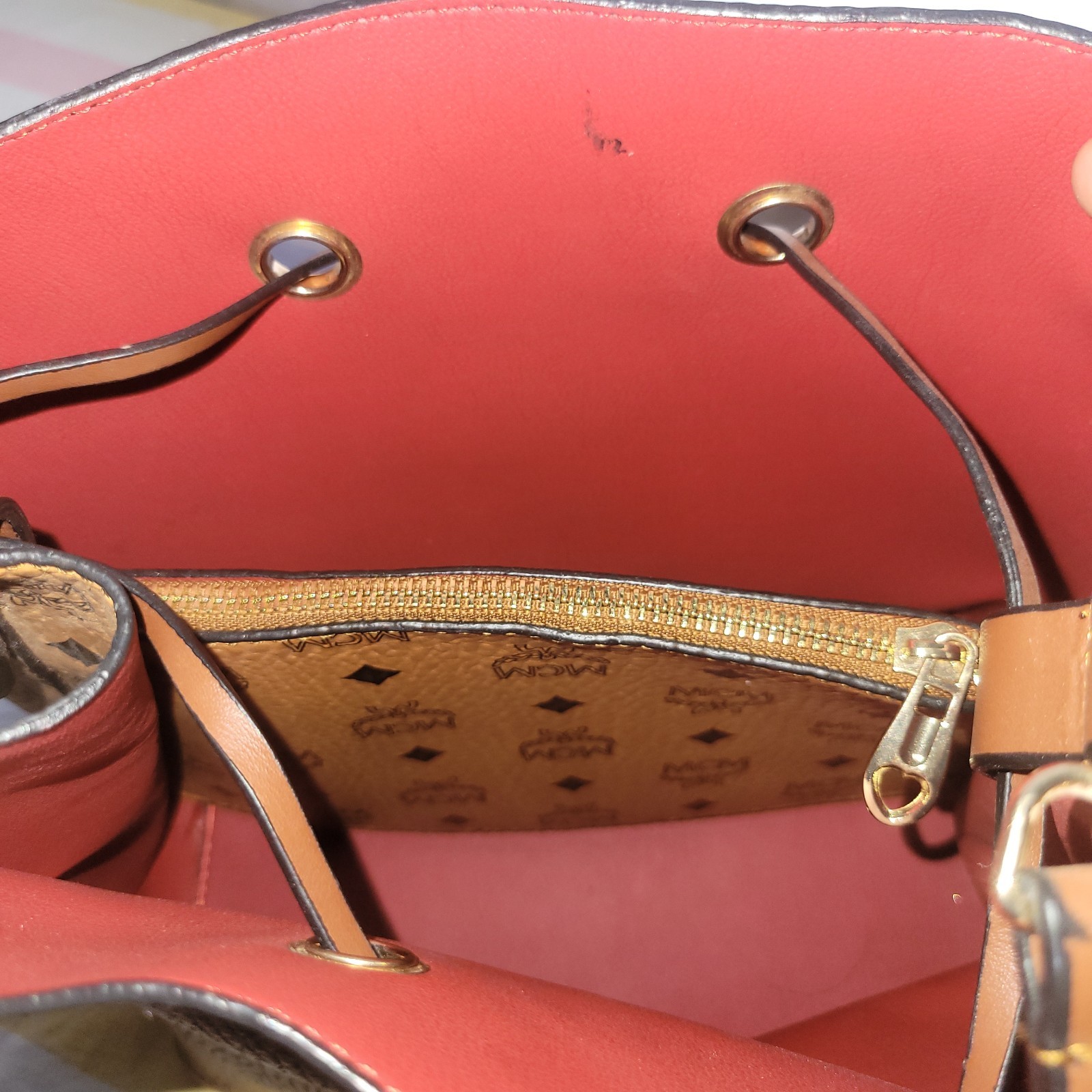 Rare MCM Visetos Cognac Drawstring Bucket Bag Crossbody Shoulder Authentic