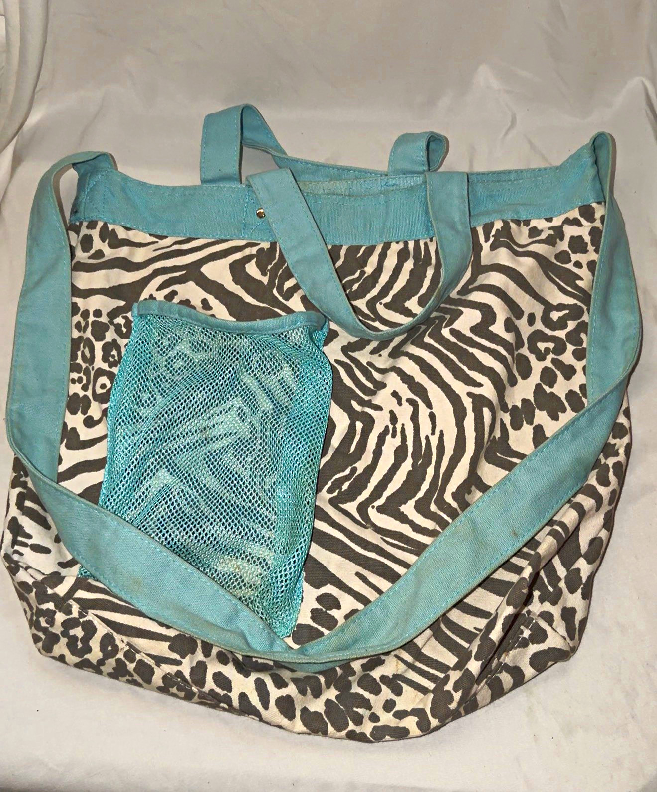 Zebra Leopard Animal Print Tote Shoulder Bag Blue Trim Mesh Pocket Inner Pockets