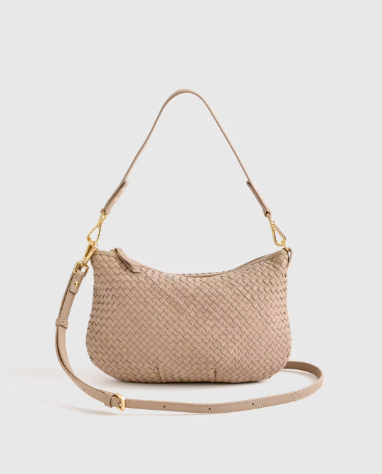 NWT QUINCE ITALIAN LEATHER MINI HANDWOVEN CRESCENT CROSSBODY TAUPE BAG MSRP $120