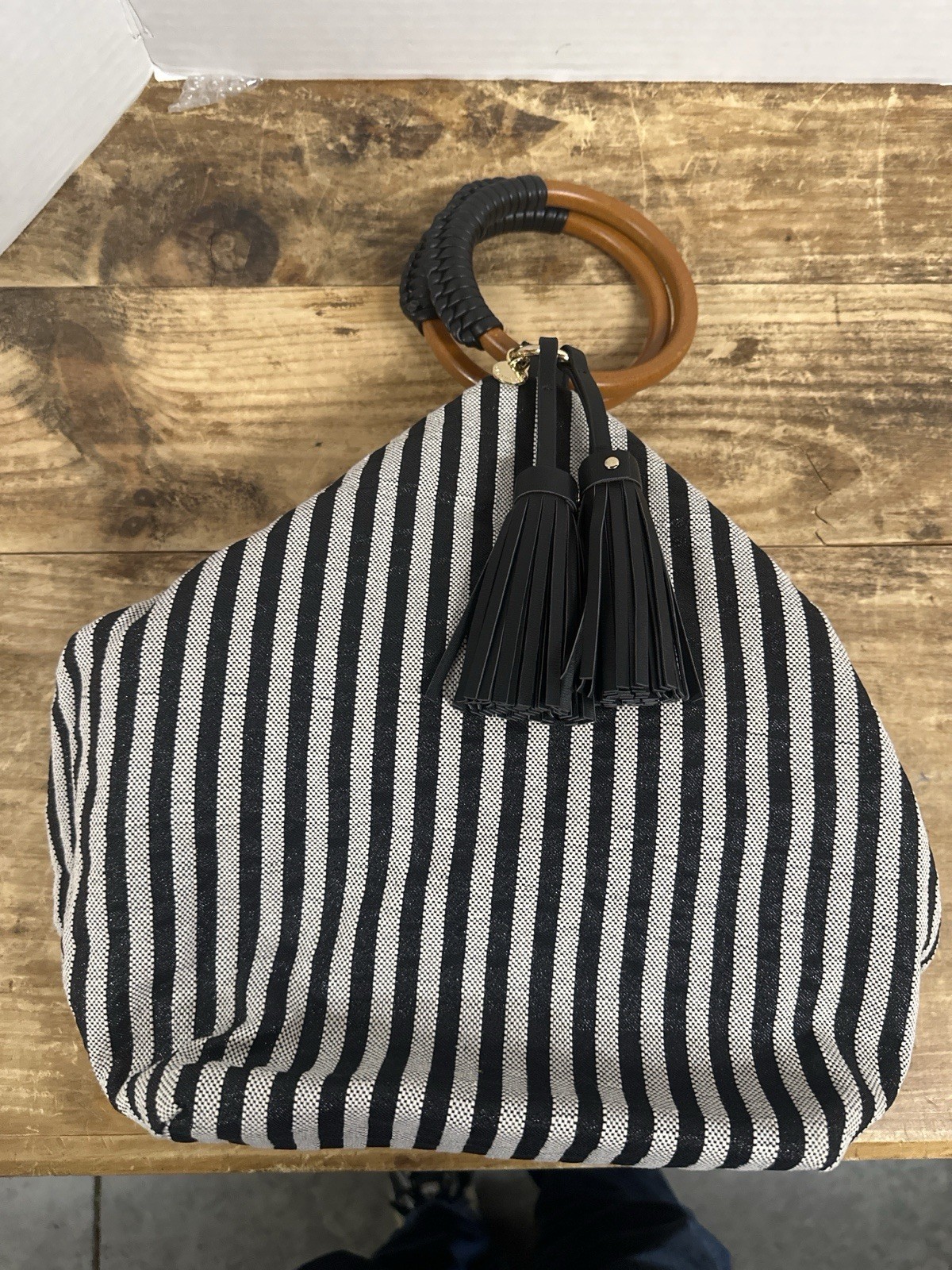 Céline Dion Striped Fabric Handbag Wood Handles Black Tassel Satchel