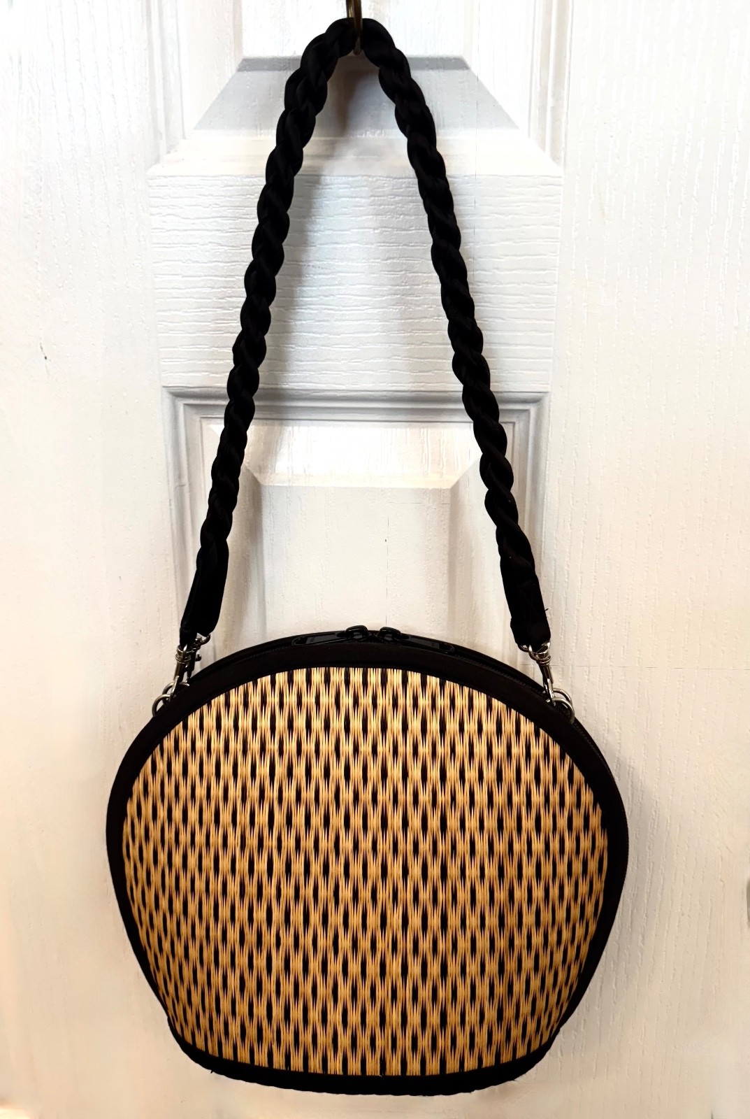 Baskets of Cambodia Purse, Black & Tan Weave, Black Silk Cording, 5 Compartments