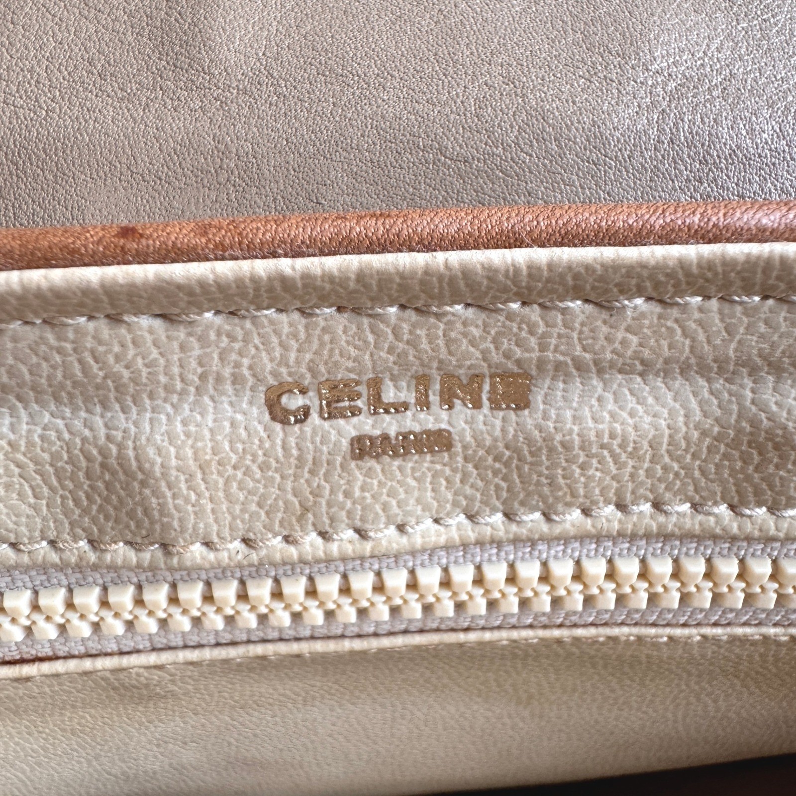 Vintage Celine Paris Triomphe Leather Chain Crossbody Tan Gold Hardware Flap