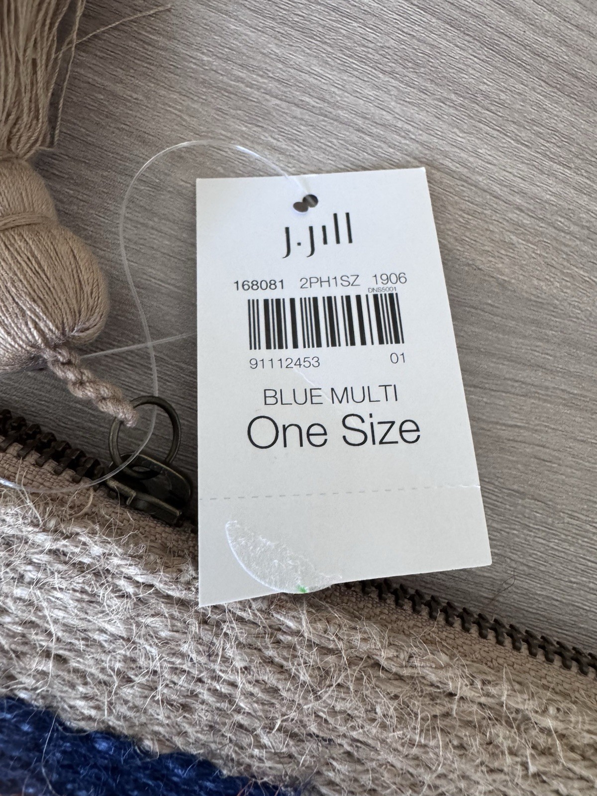 New J. Jill Jute Pouch Bag Case One Size Brown Blue Orange Stripe Tassel $39 NWT