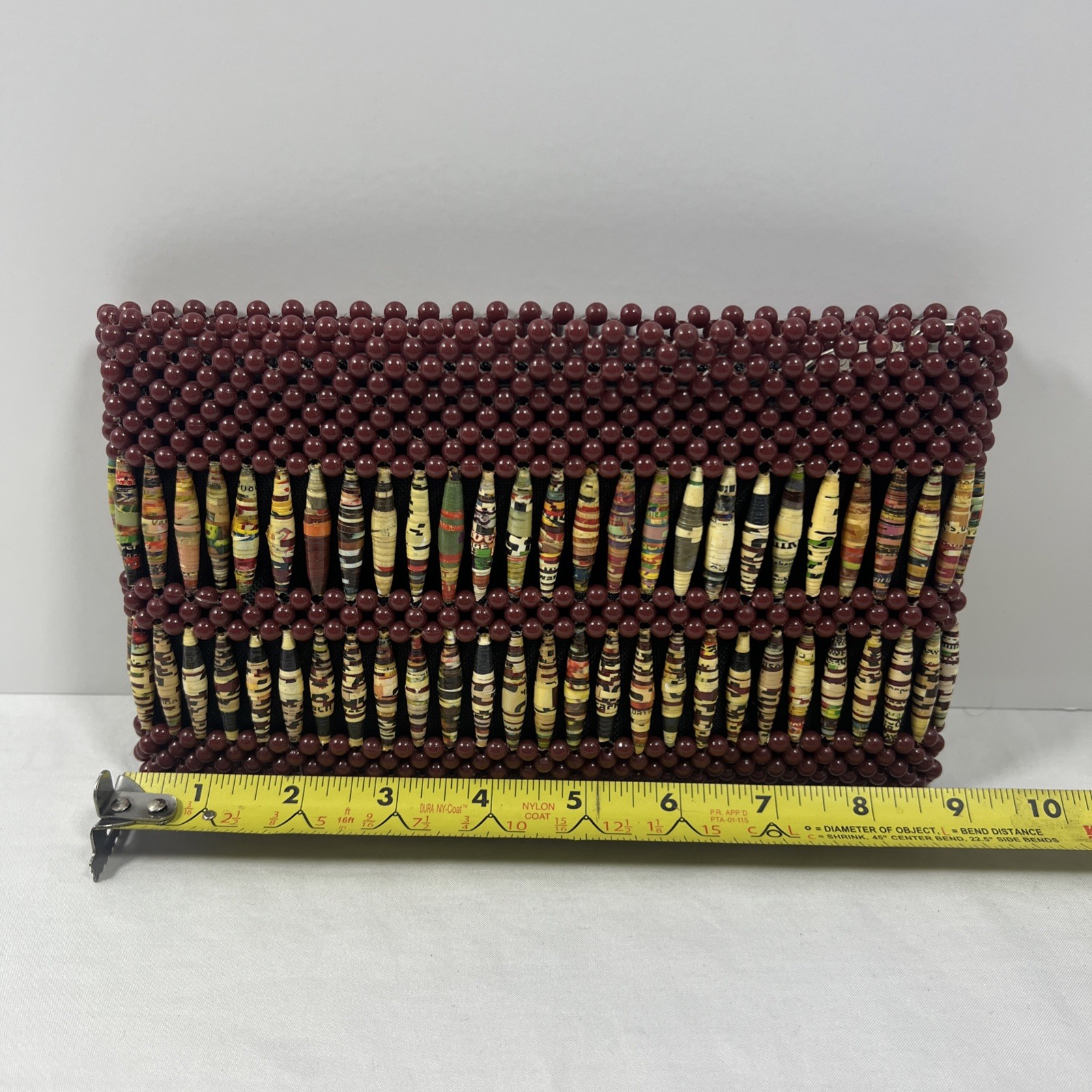 Recycled Paper Hand Beaded Clutch Bag Purse Artisan Maroon Fabric Lined Zipper