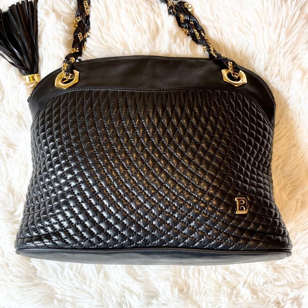 Vintage BALLY Y2K Black Woven Quilted Leather Tassel Chain Shoulder Bag Italy
