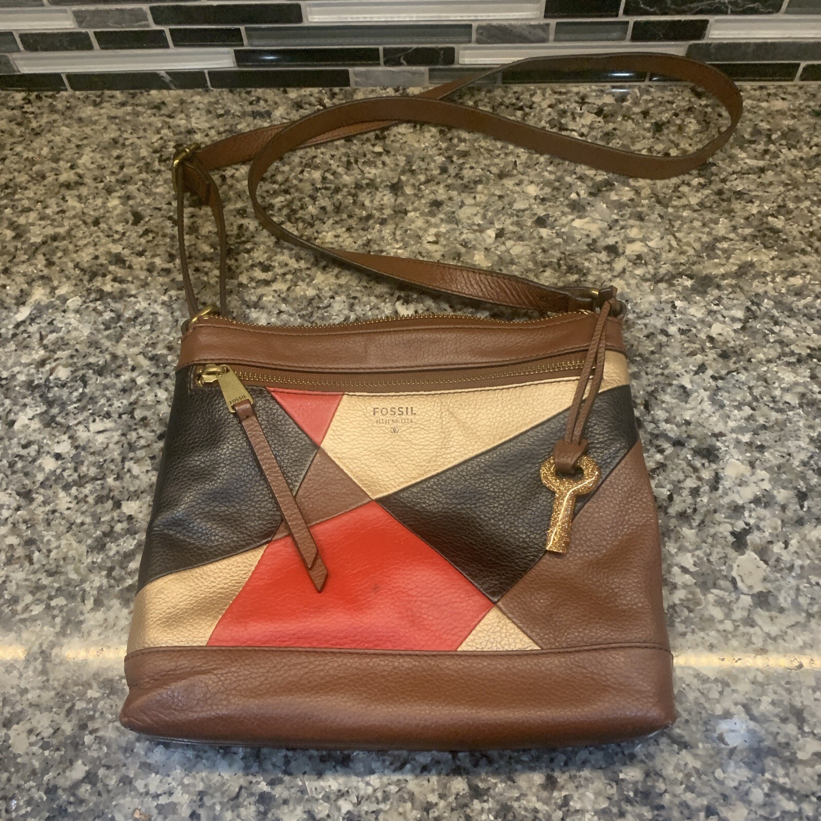 Fossil Fiona Color Block Crossbody Leather Bag Handbag Purse Red Black Brown