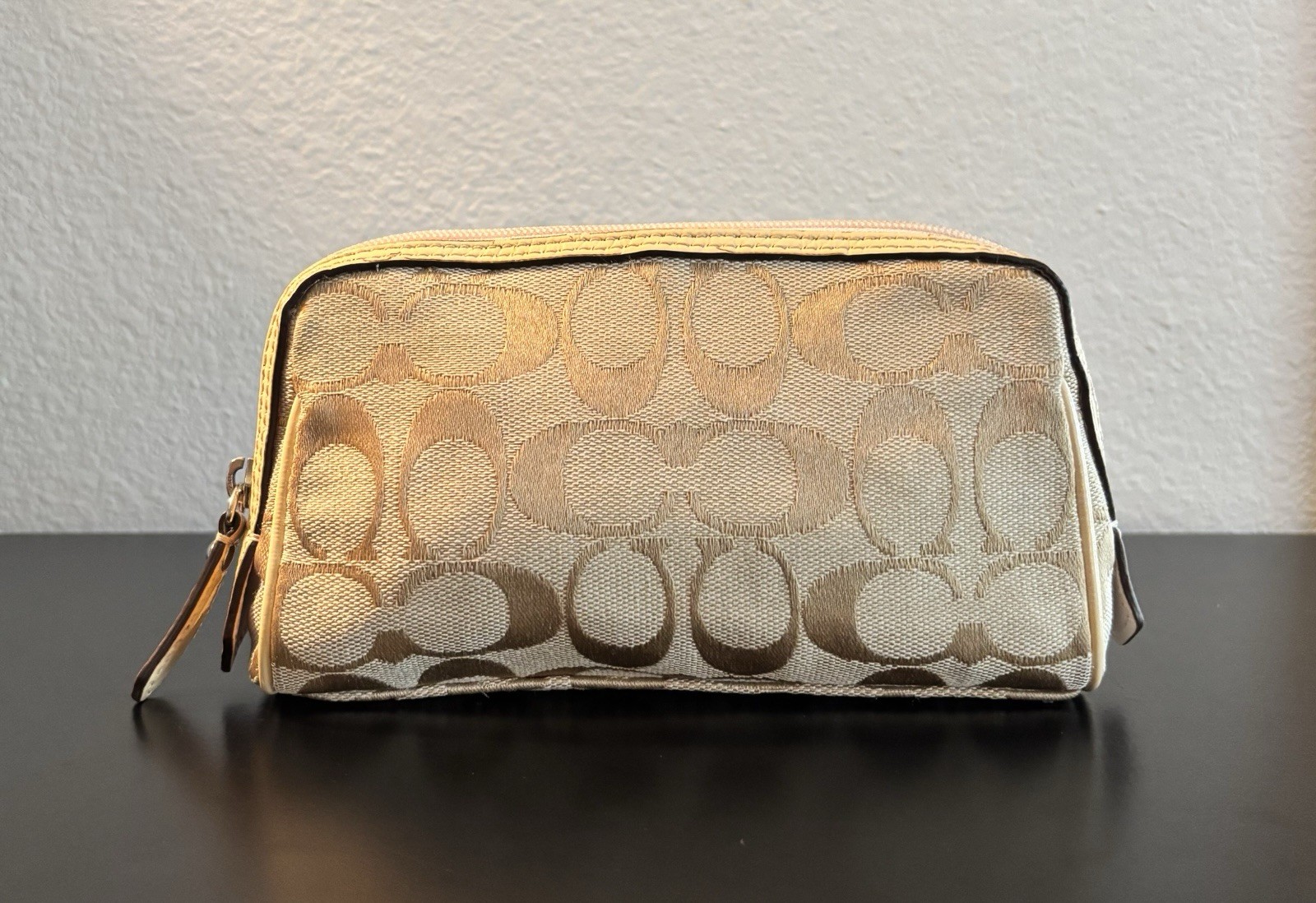 Vintage Coach Hobo Cosmetic Bag- Signature Beige Canvas With Soft Pink Interior