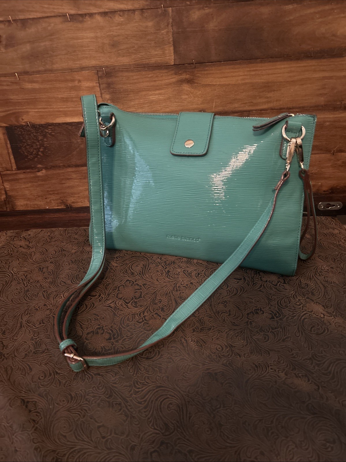 Melie Blanco Los Angeles Patent Leather Gold Hardware Convertible Hand Bag