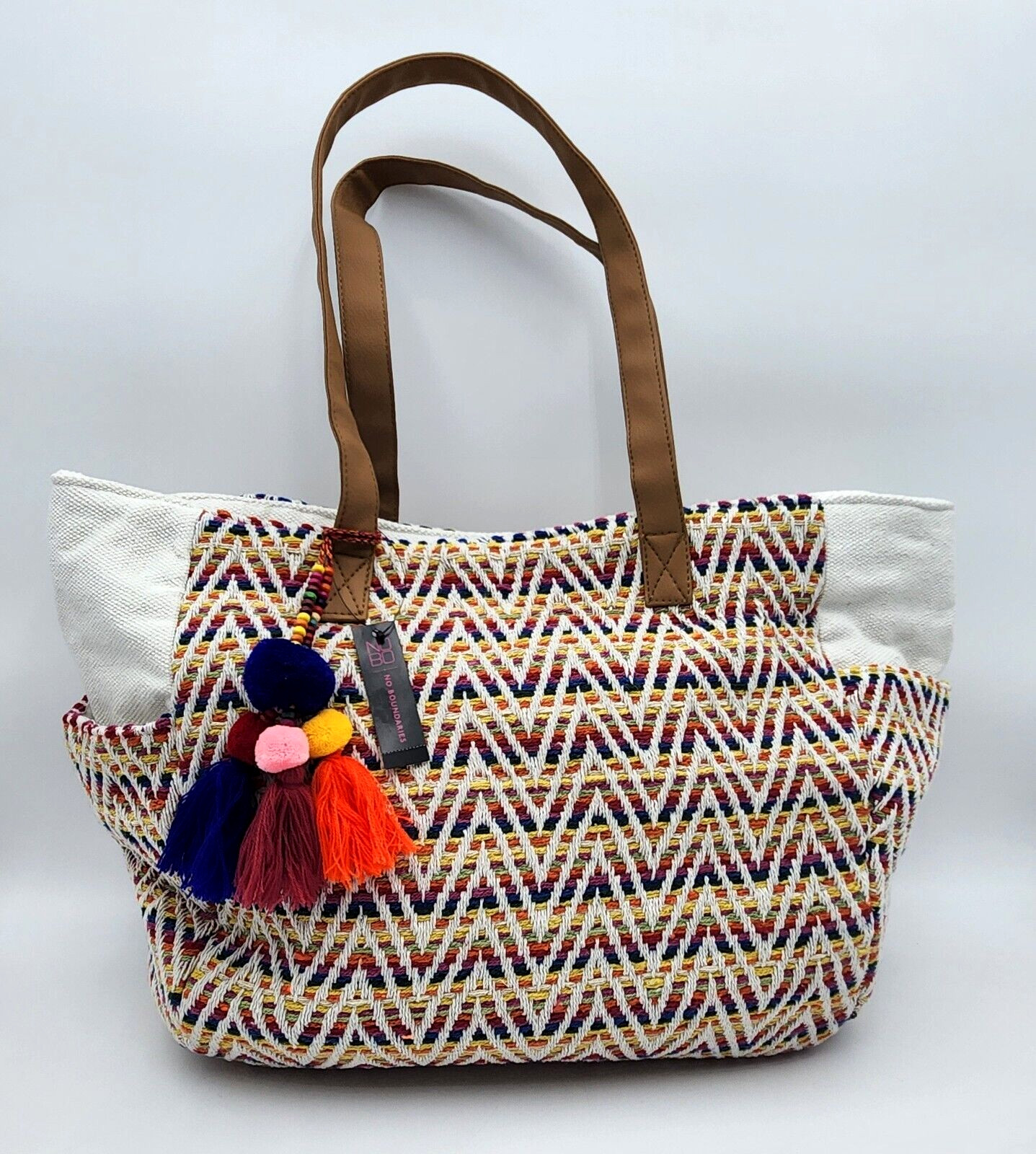 No Boundaries Caroline Beach Tote Boho Woven Chevron Rainbow Travel Pockets