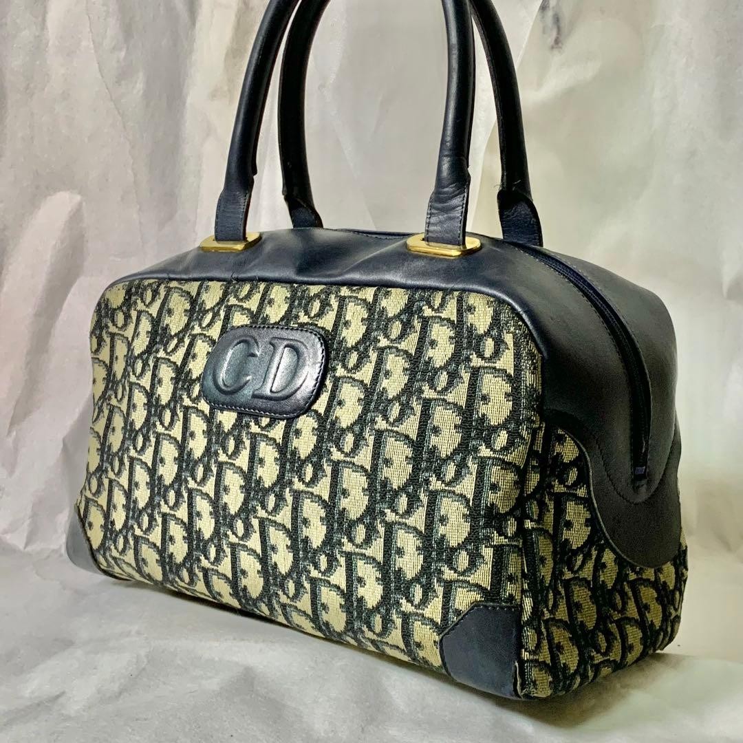 Christian Dior Trotter Boston Handbag Canvas Leather Navy W27cm H16cm D14cm