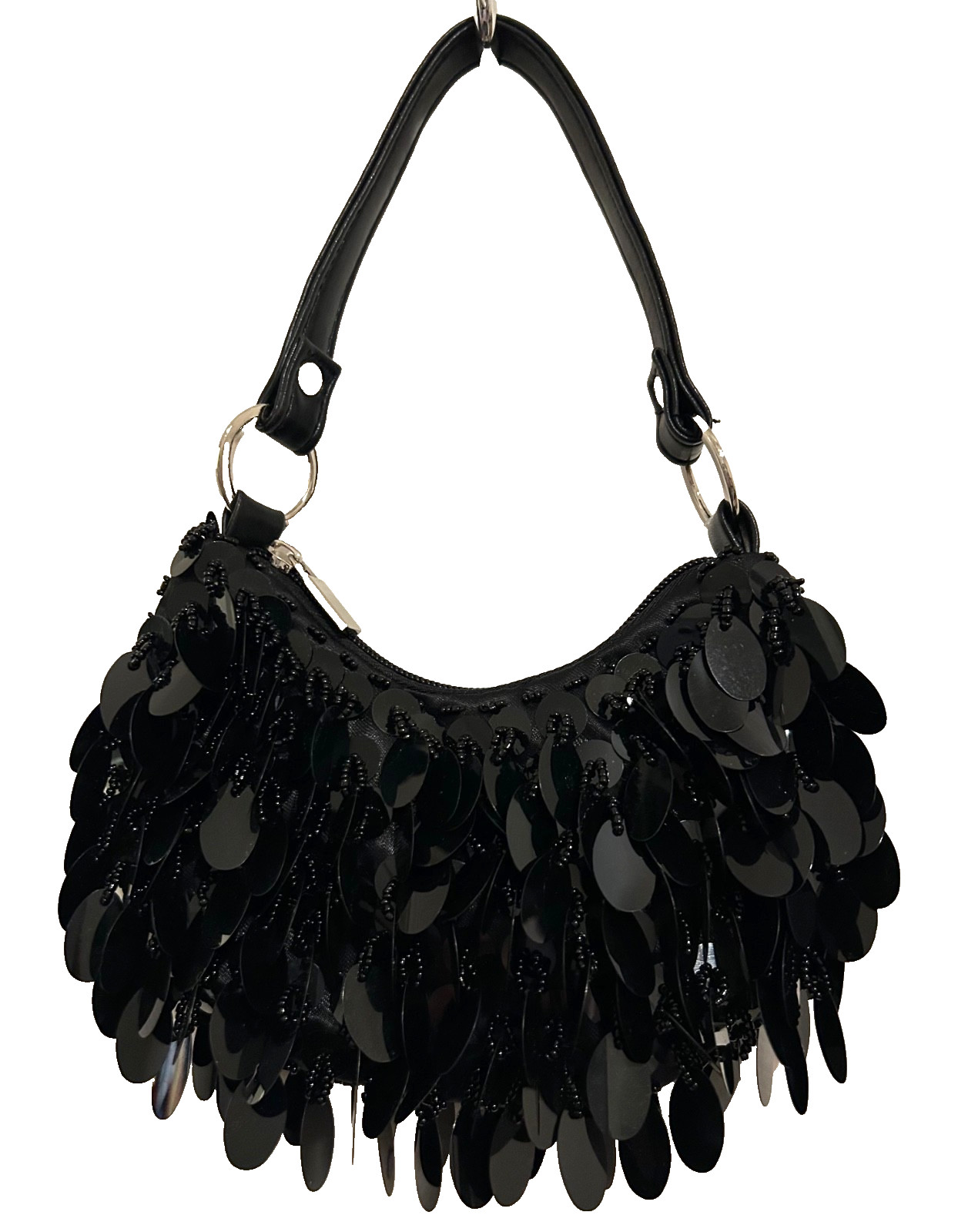 Mini Black fully Sequined and Beaded Bag with zipper closure and silver accents