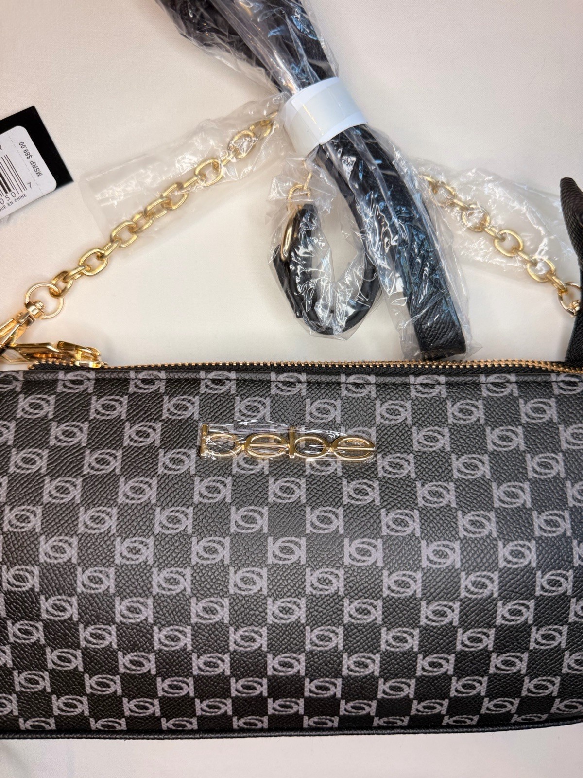 bebe Black/Gray Logo Zip Wristlet Wallet Pouch w/ Detachable Strap Gold