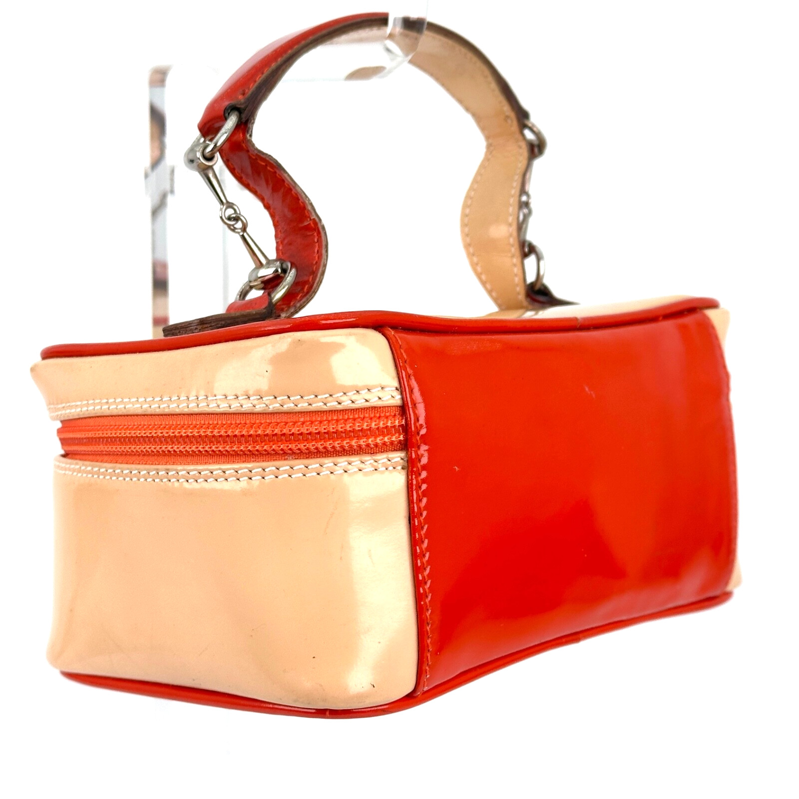 GUCCI Vanity Bag Horsebit Beige Orange Patent Leather Vintage Authentic