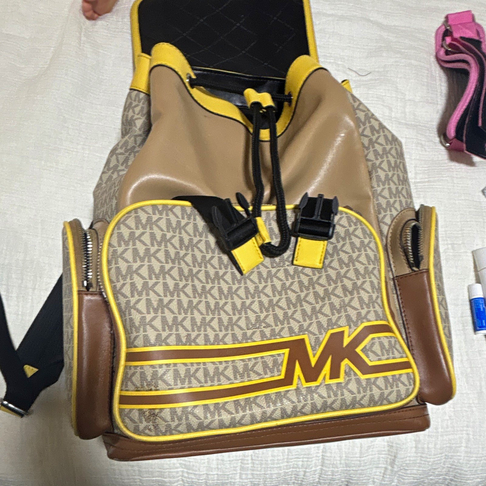 Michael Kors Monogram Backpack Beige Brown Yellow Drawstring Buckle Gold HW