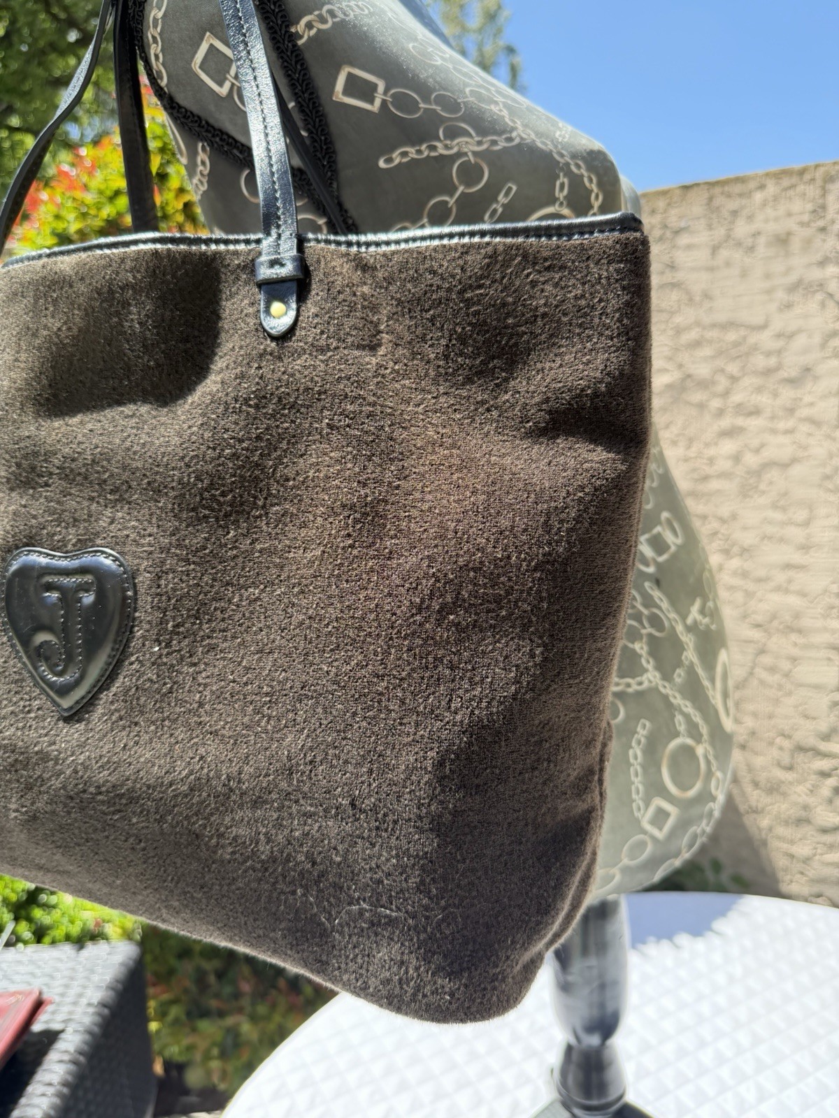 Vintage Y2K Juicy Couture Brown & Black Velour Tote Bag Charm Crown Cursive Logo