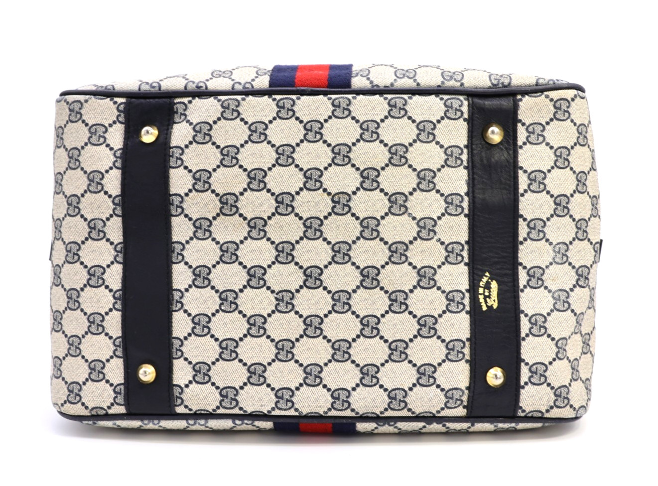 GUCCI VINTAGE Web Stripe Handbag Boston GG Supreme Navy Rare Large Authentic