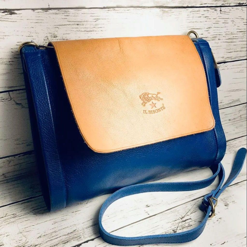 IL BISONTE Bicolor Leather Crossbody Bag Blue Nume Rare Authentic Women’s