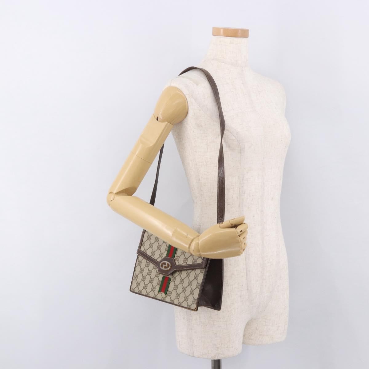 GUCCI GG Supreme Web Sherry Line Shoulder Bag PVC Beige Gold Auth 189927