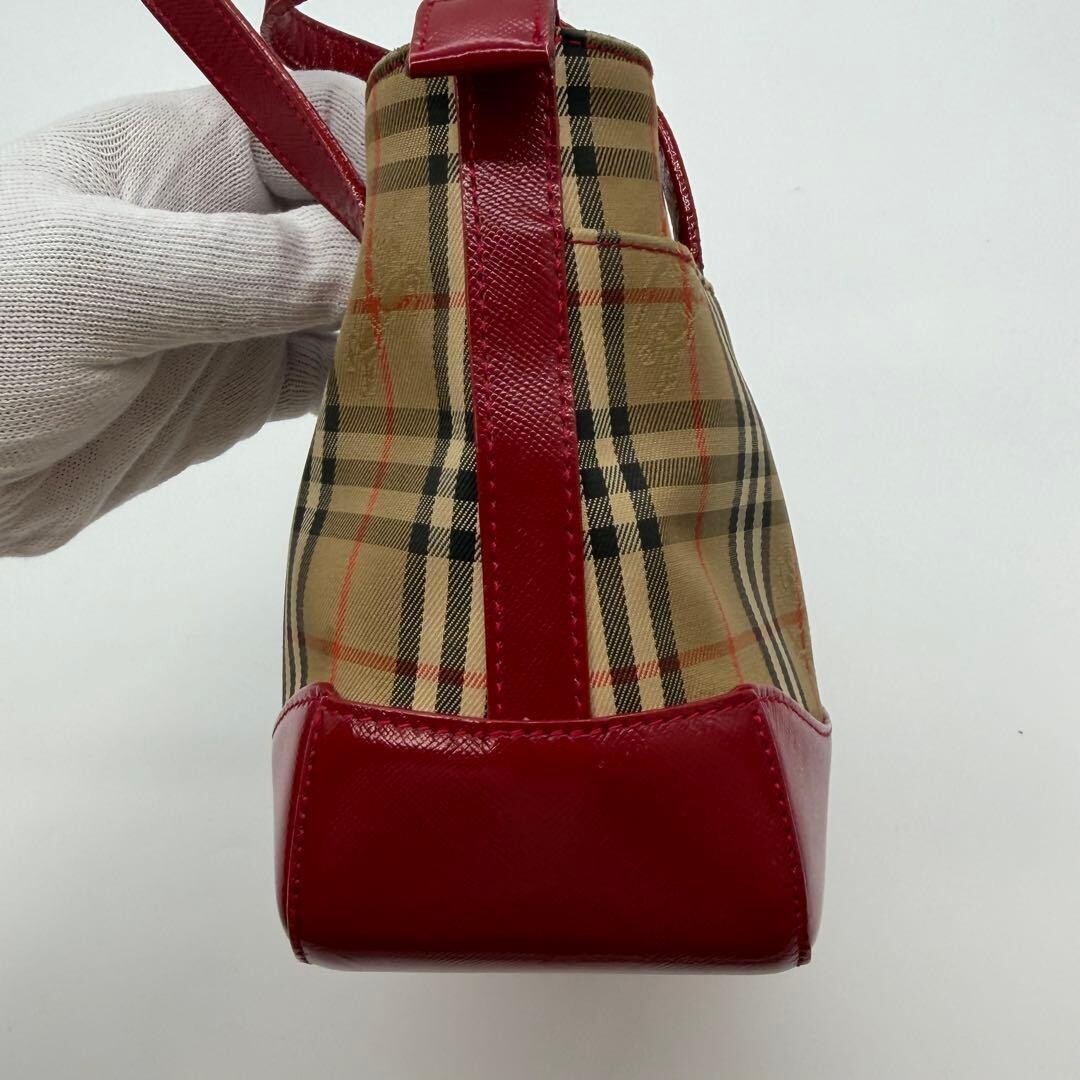 Burberry Red Nova Check Canvas Leather Tote Bag Horse Logo Vintage Self Standing