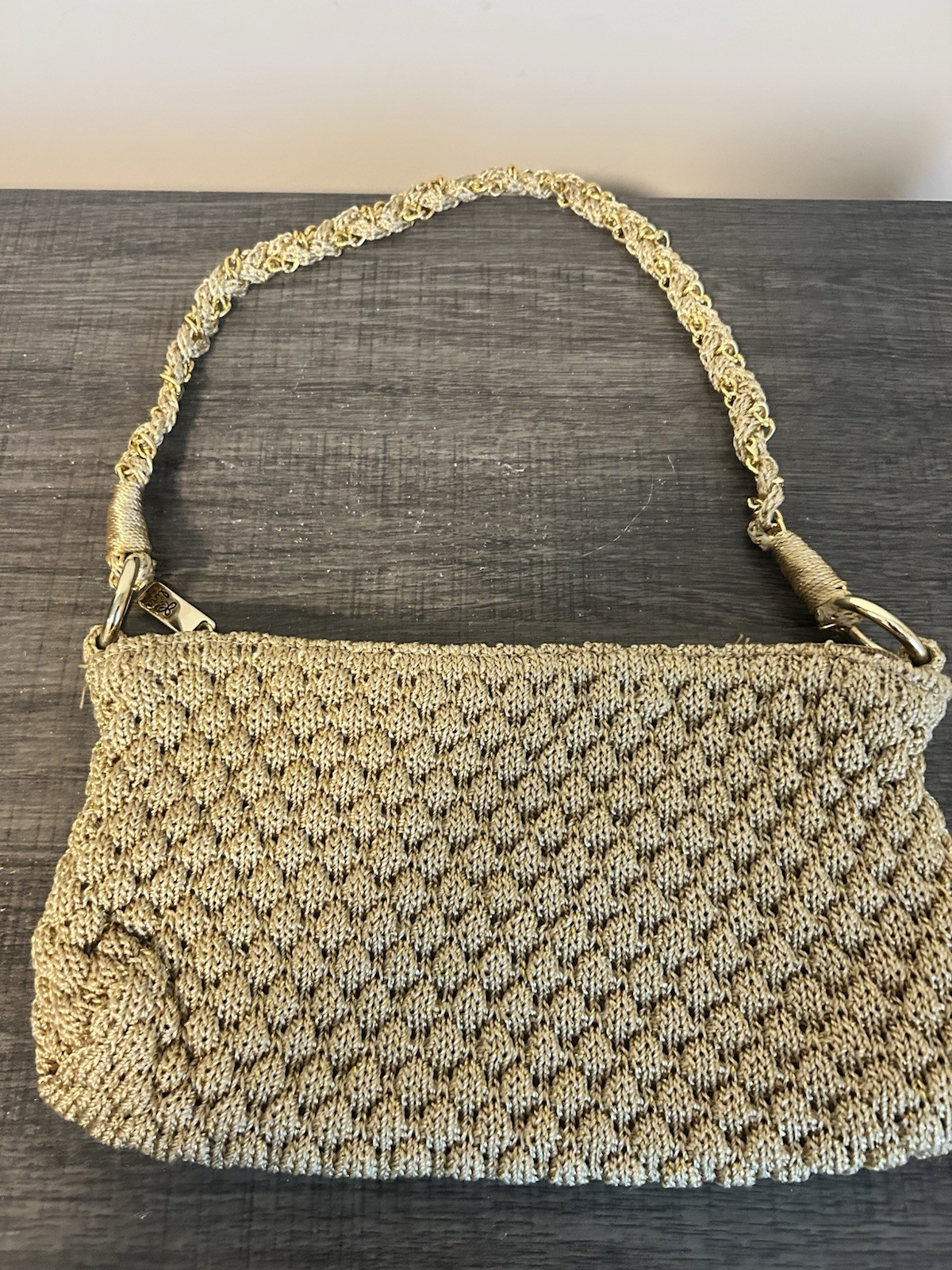 Lina Beige Metallic Woven Crochet Shoulder Bag