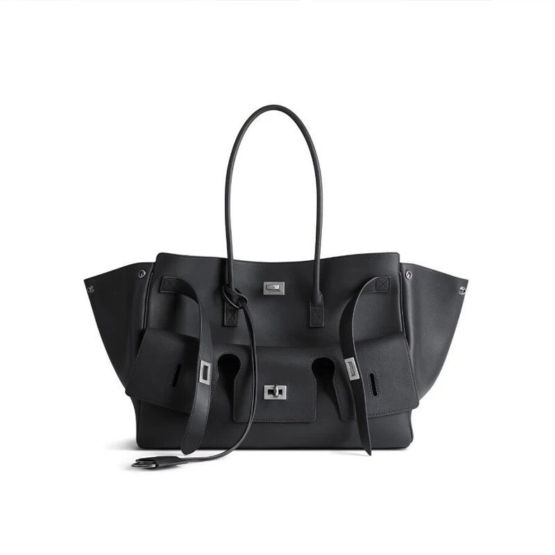 Oversized Multi Pocket Leather Tote Bag Black Utility Shoulder Travel Purse