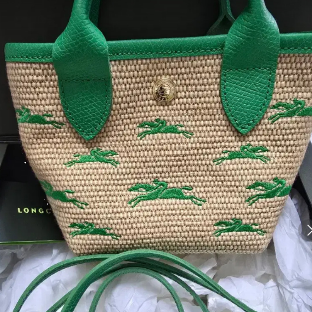 Longchamp Le Panier Pliage XS Crossbody Top Handle Bag Canvas Straw Basket Beige