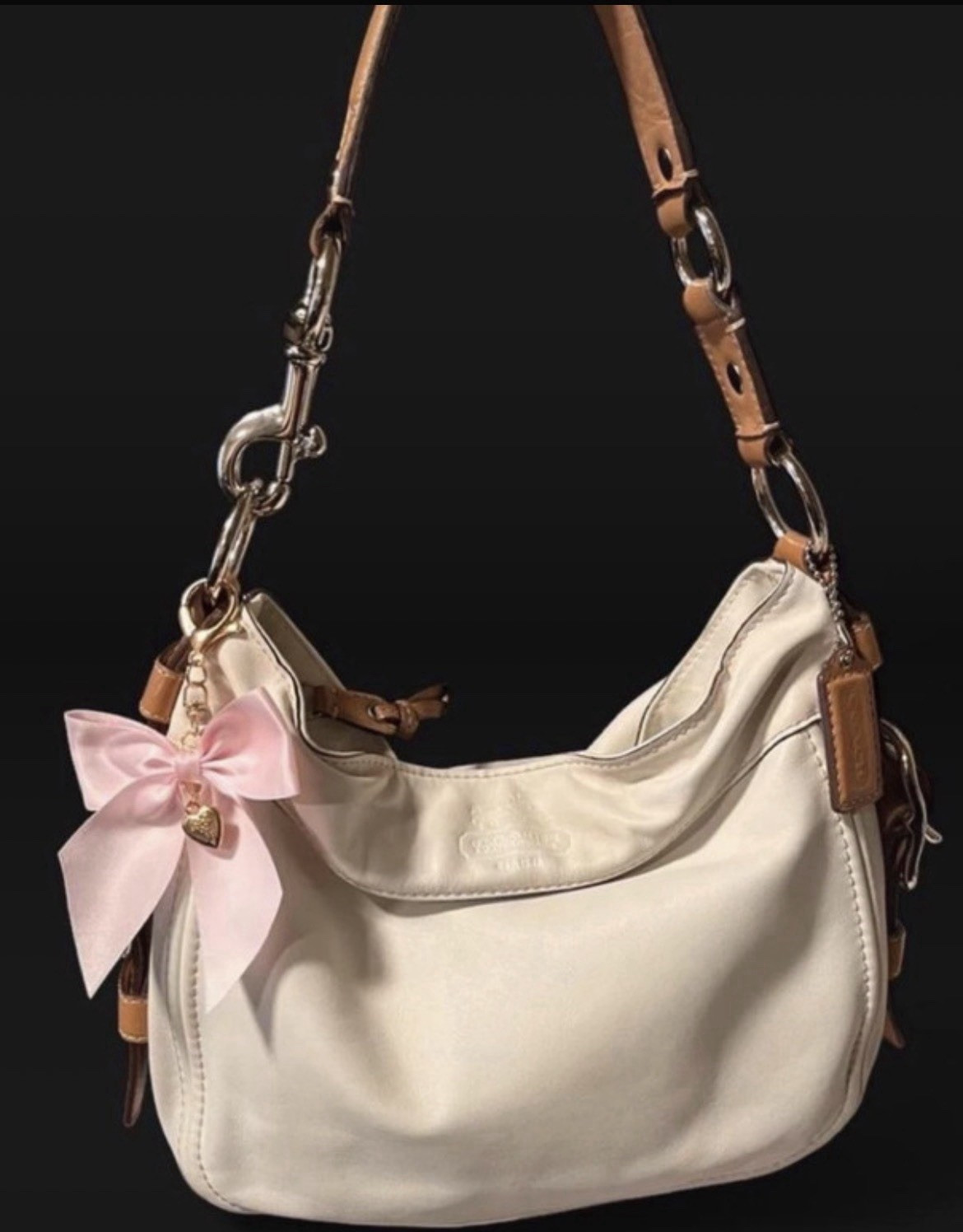 Coach Ivory Shoulder Bag Brown Strap Zip Closure Silver Hardware Bow Charm