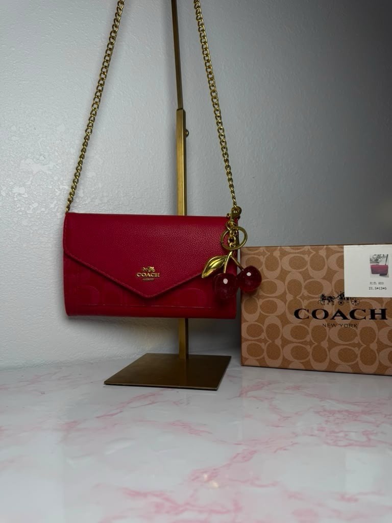 Coach Red Envelope Shoulder Bag Chain Strap Gold Hardware w/ Cherry Charm