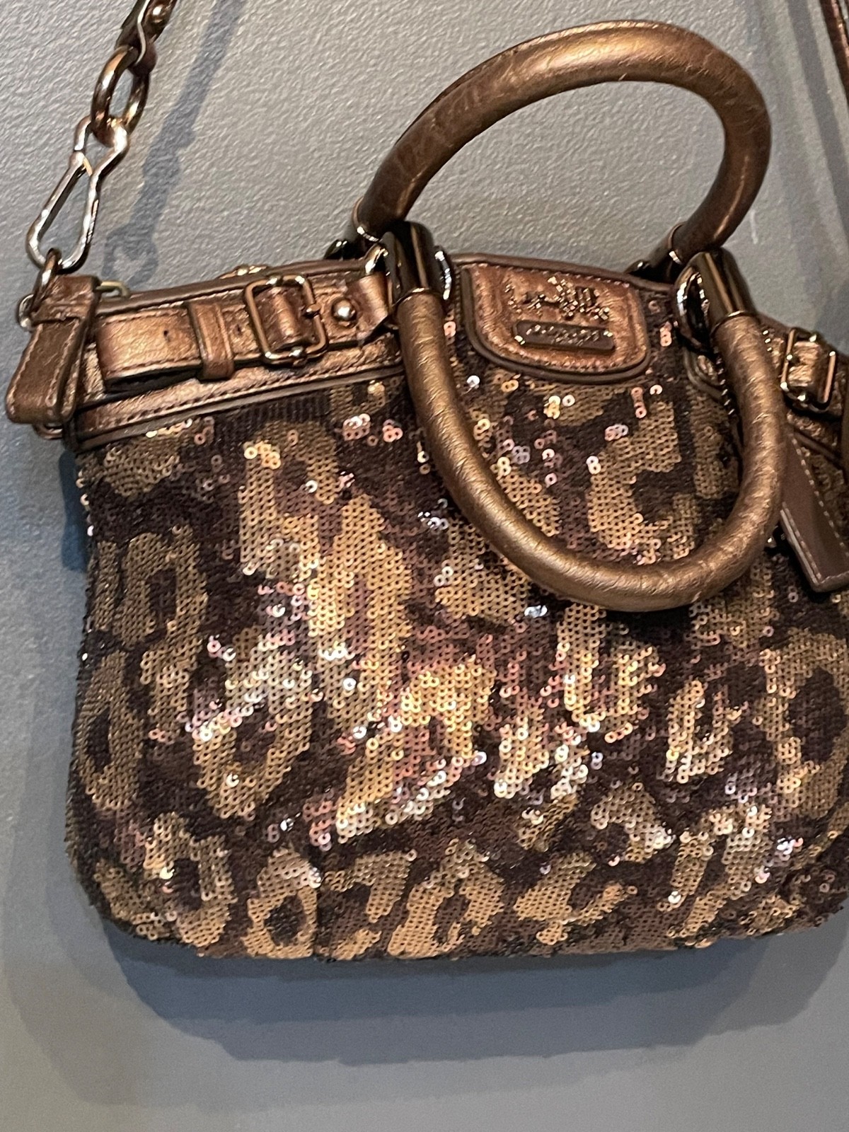 Coach Madison Sophia 18638 Leopard Sequin Satchel Bronze Crossbody Purse Bag