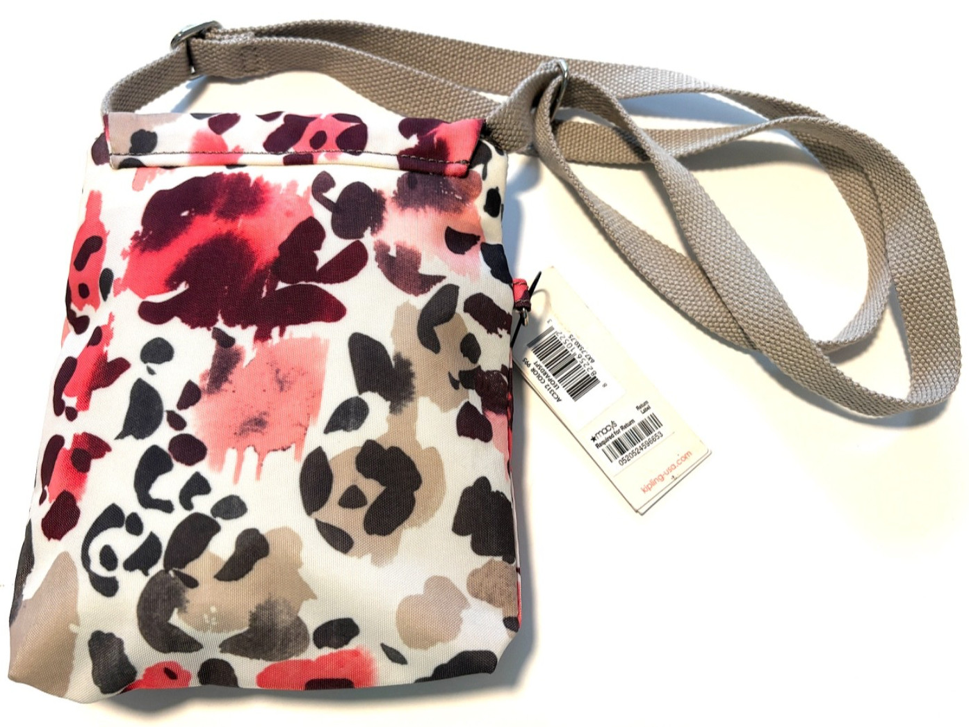KIPLING Small Crossbody Bag Animal Print Multi-Pocket Travel Purse Gray/Pink NEW