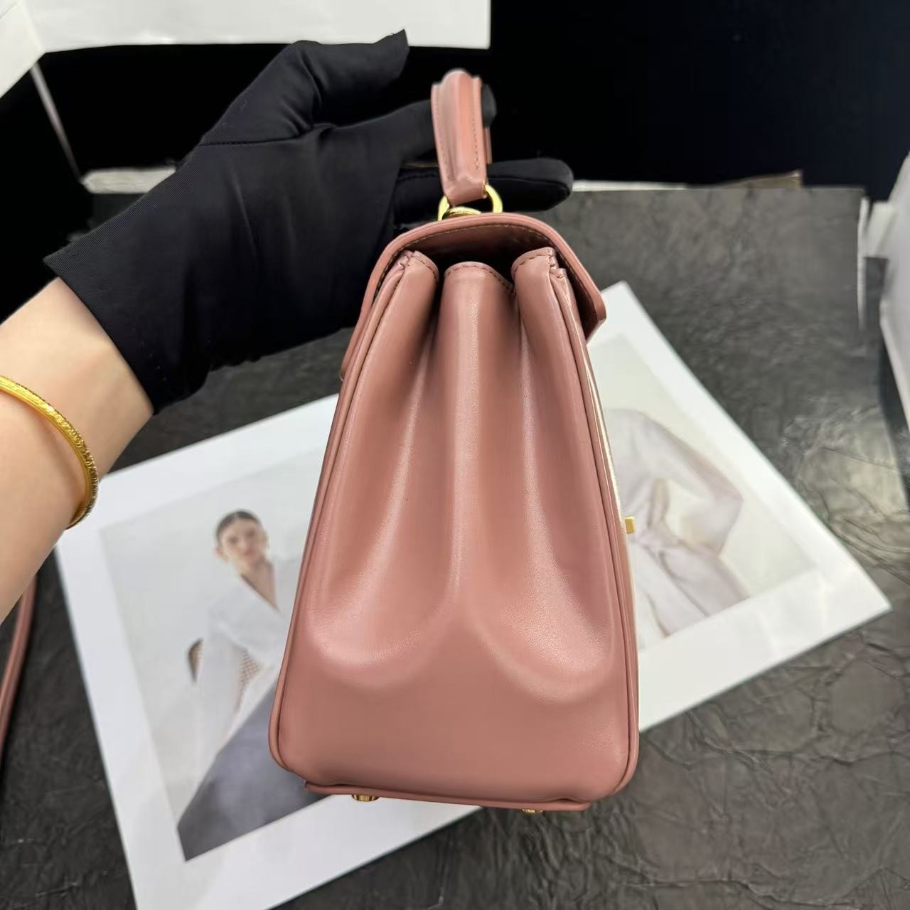 Auth Celine 16 Mini Rose Smooth Calfskin Gold Hardware Top Handle&Crossbody Bag