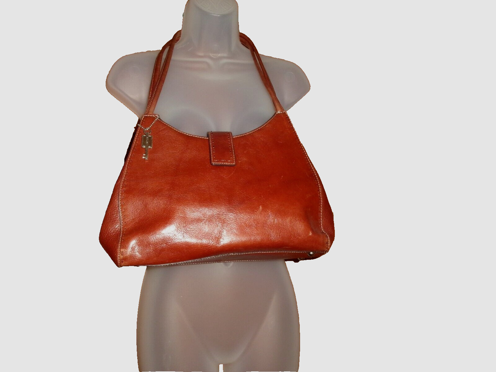 Fossil Brown Leather Shoulder Bag Purse SilverTone Key Feet on Bottom 12x8x3 in