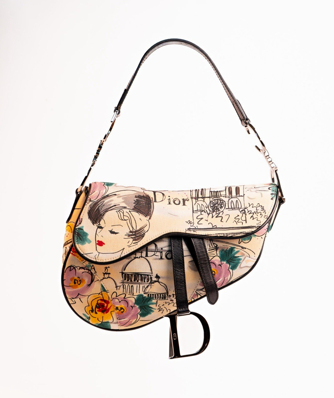 Dior Saddle Women’s Shoulder Bag Floral Graphic Print Beige Multicolor Flap