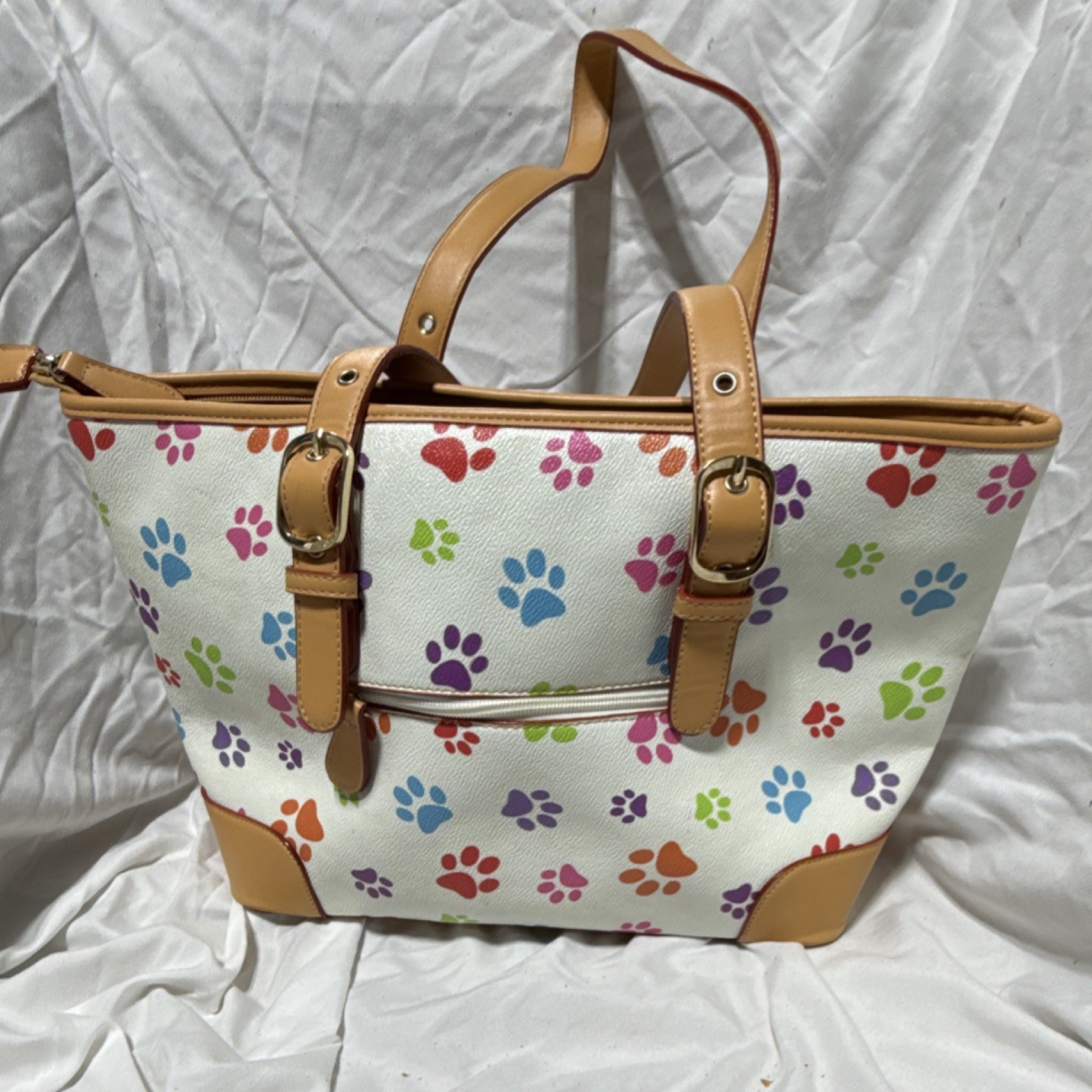 Paw Print Large Tote Bag Tan Double Handles Zip Closure the animal rescue site