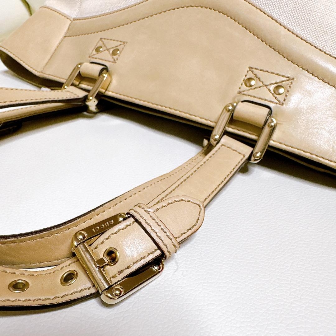GUCCI Canvas Leather Tote Bag Beige Women Auth 10.62 x 10.23 x 4.72inch