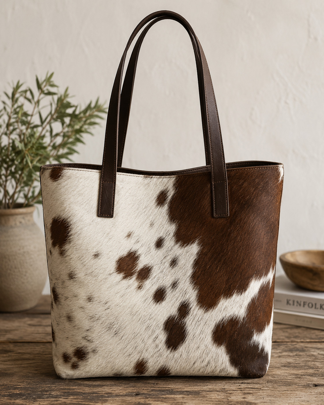 Genuine Cowhide Leather Tote Bag Handmade Hair On Hide Shoulder Handbag Brown