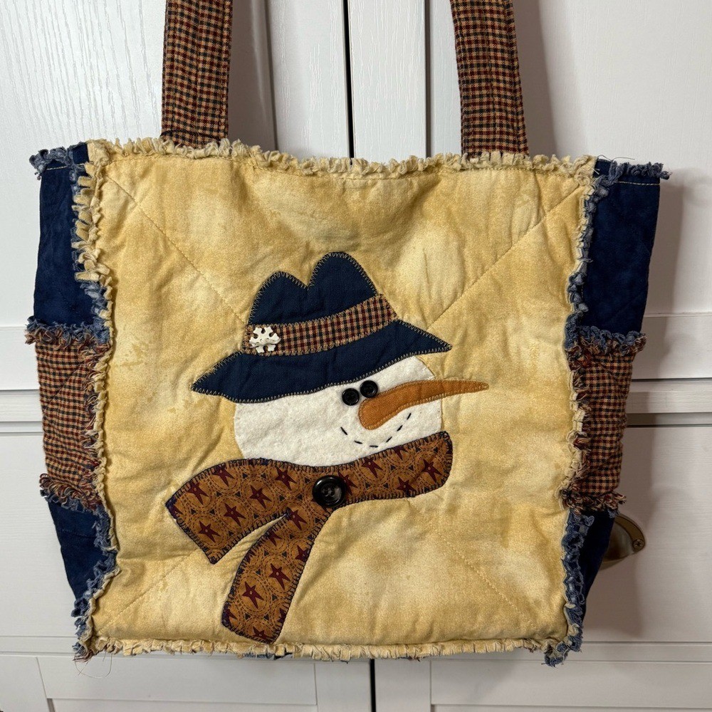 Handmade Quilted Snowman Patchwork Tote Bag Primitive Country Rustic Folk Purse