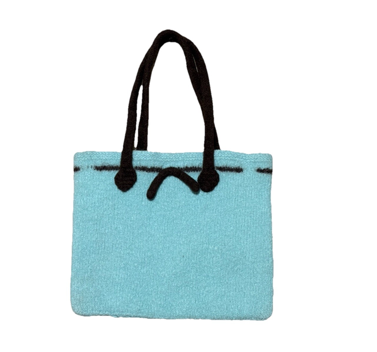 Vintage Robins Egg Blue & Brown Boiled Wool Purse Tote Bag Knit Soft Frowny Face