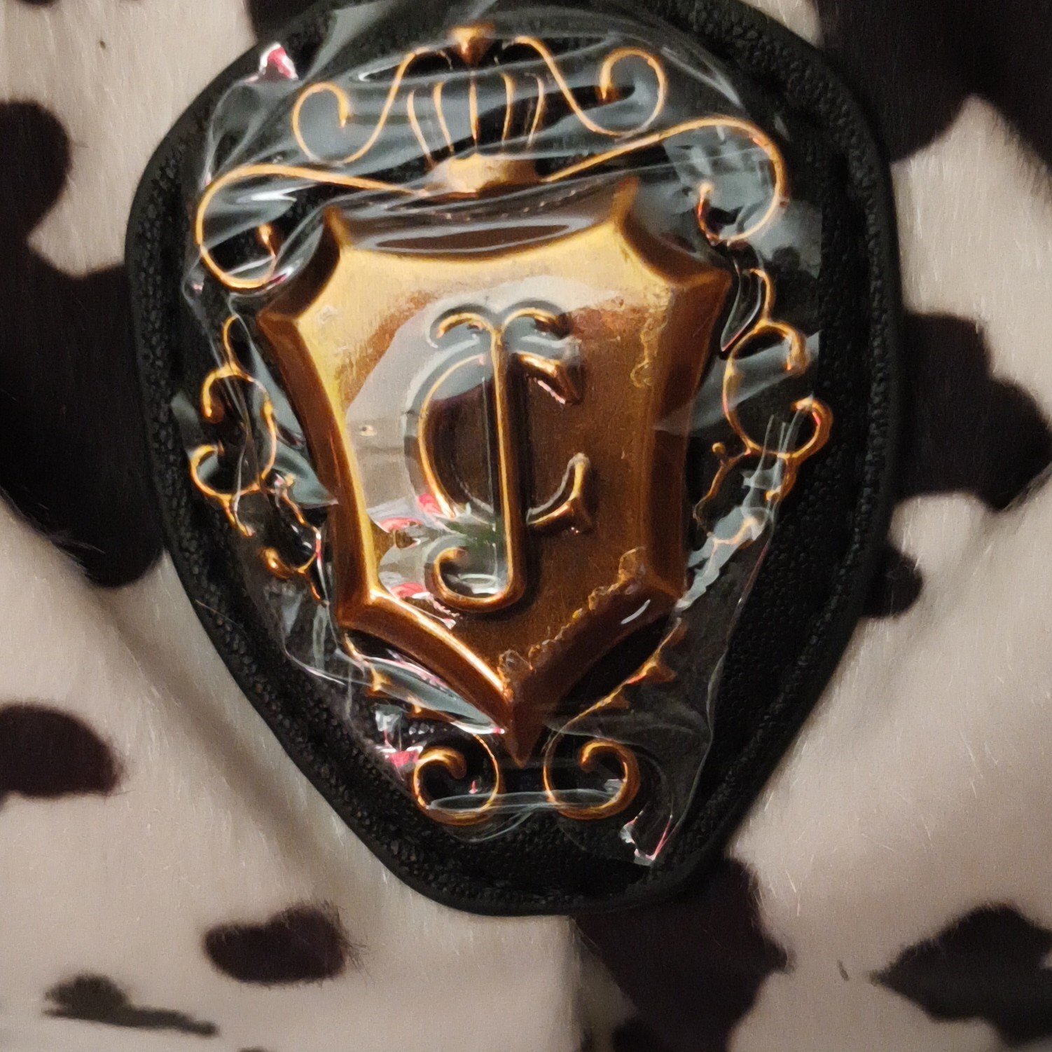 Juicy Couture Black White Cow Print Shoulder Bag Zip Bow Heart Charm Gold