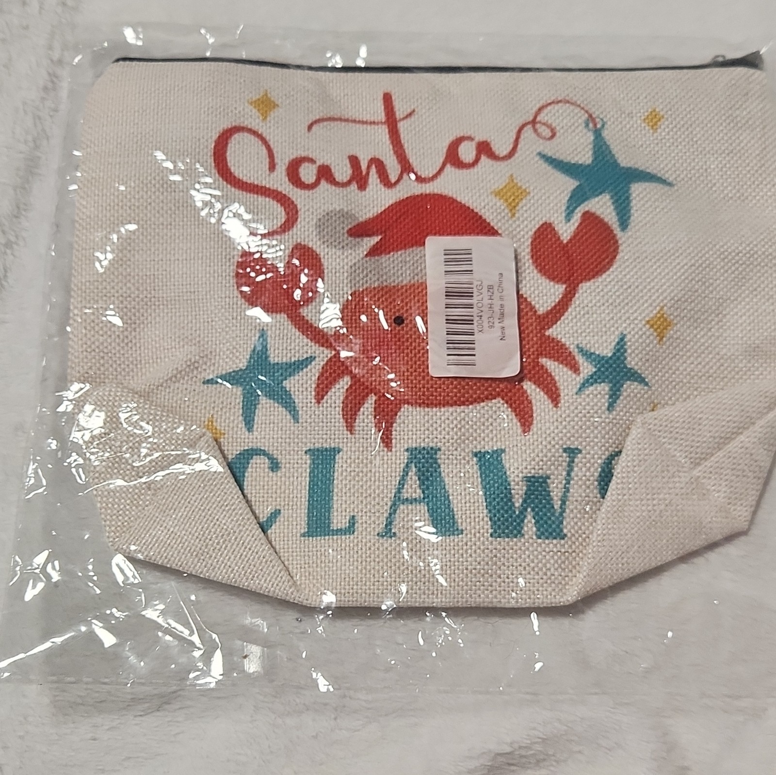 Santa Claws Crab Graphic Print Zip Pouch Beige Red Teal Yellow Christmas