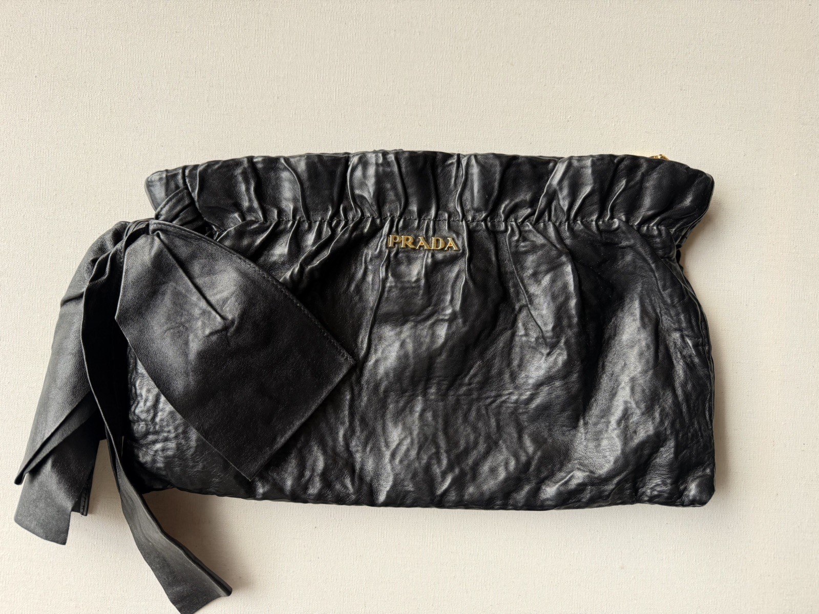 Prada Black Nappa Leather Bow Antique Clutch Bag 100% AUTHENTIC PRE-OWNED!