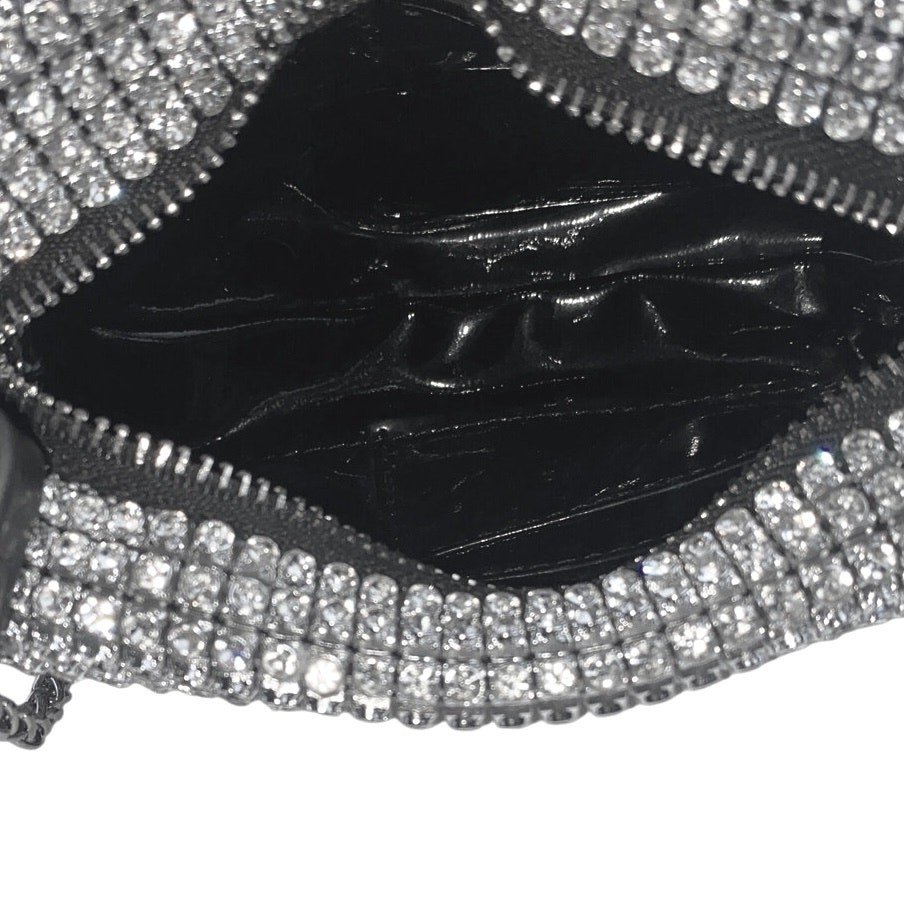 Women’s Silver Black Rhinestone Sparkly Chain Crossbody Shoulder Handbag OS