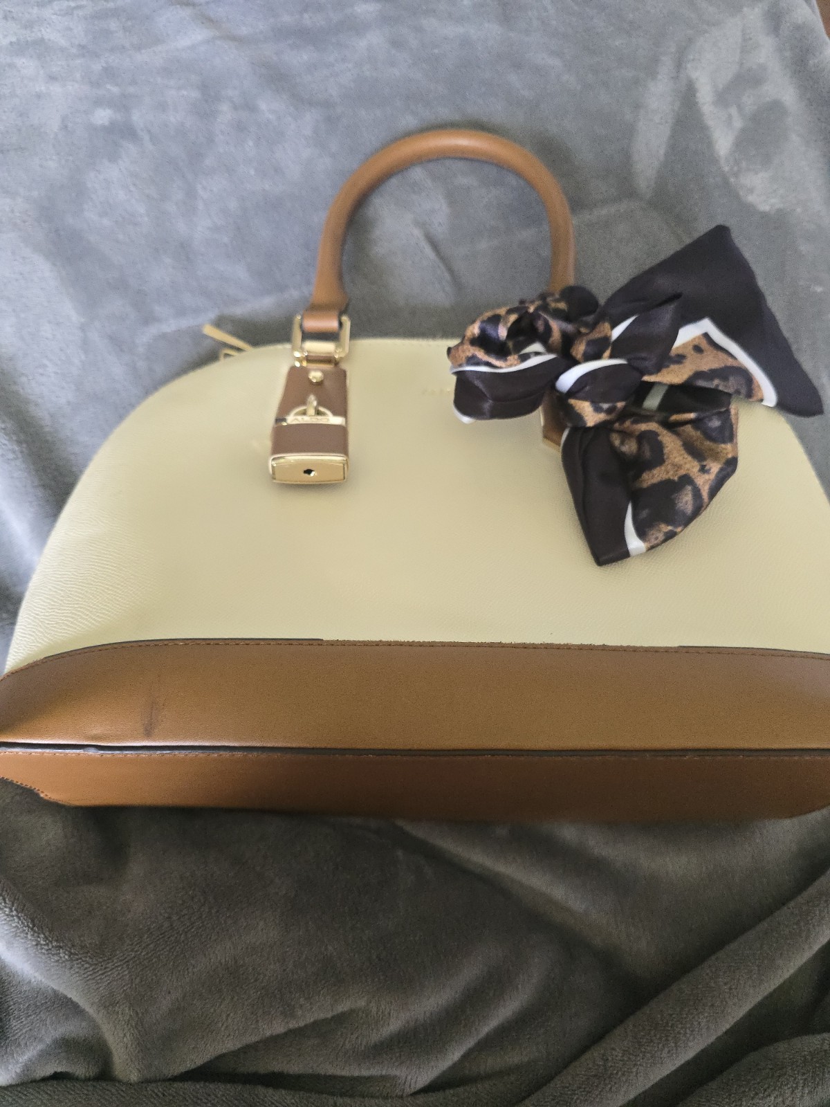 ALDO Two-Tone Beige Brown Satchel Top Handle Zip Gold Bow Detachable Strap