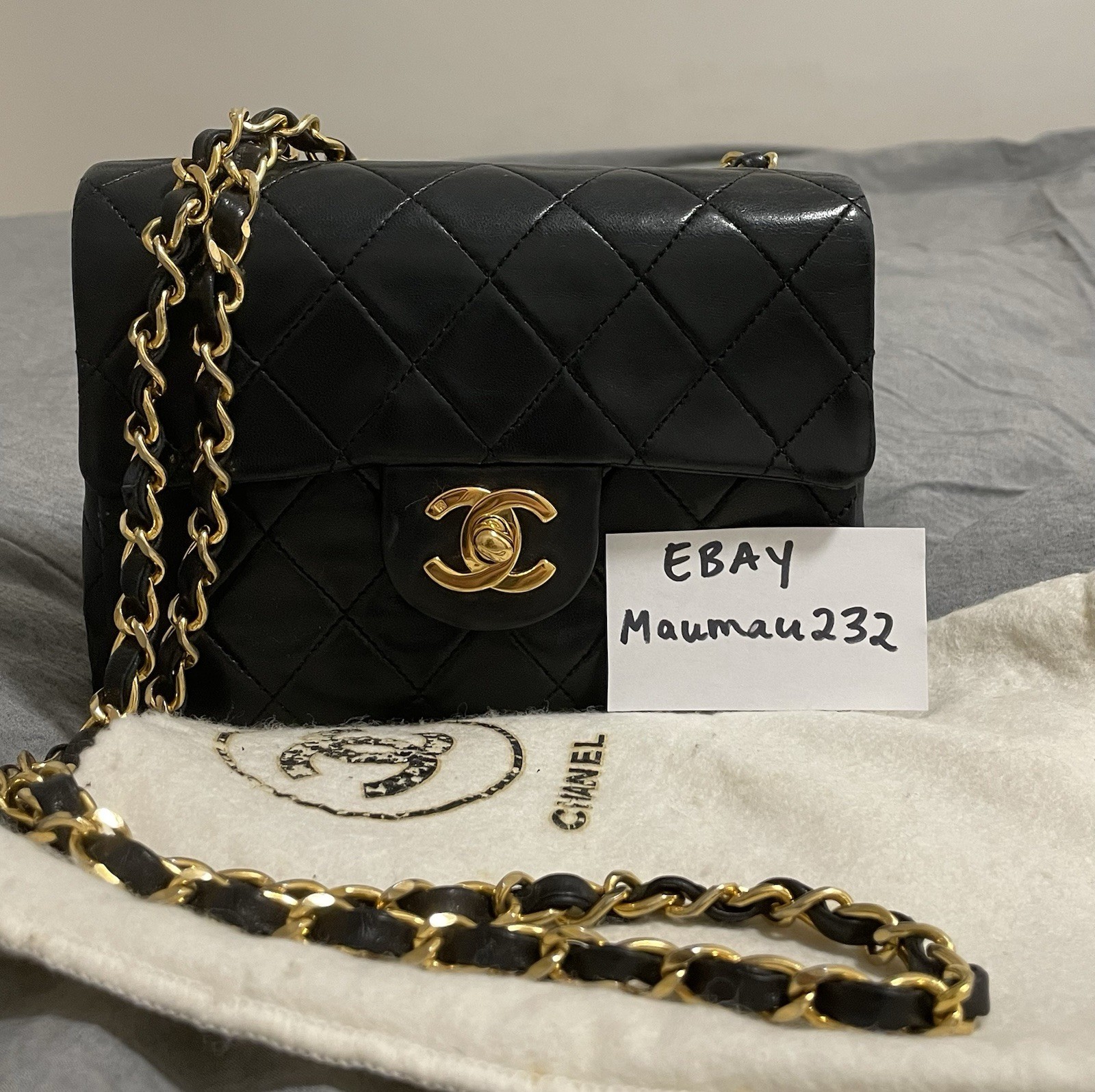 Authentic Vintage Chanel 17cm Square Mini Flap Black Lambskin 24k Plated GHW