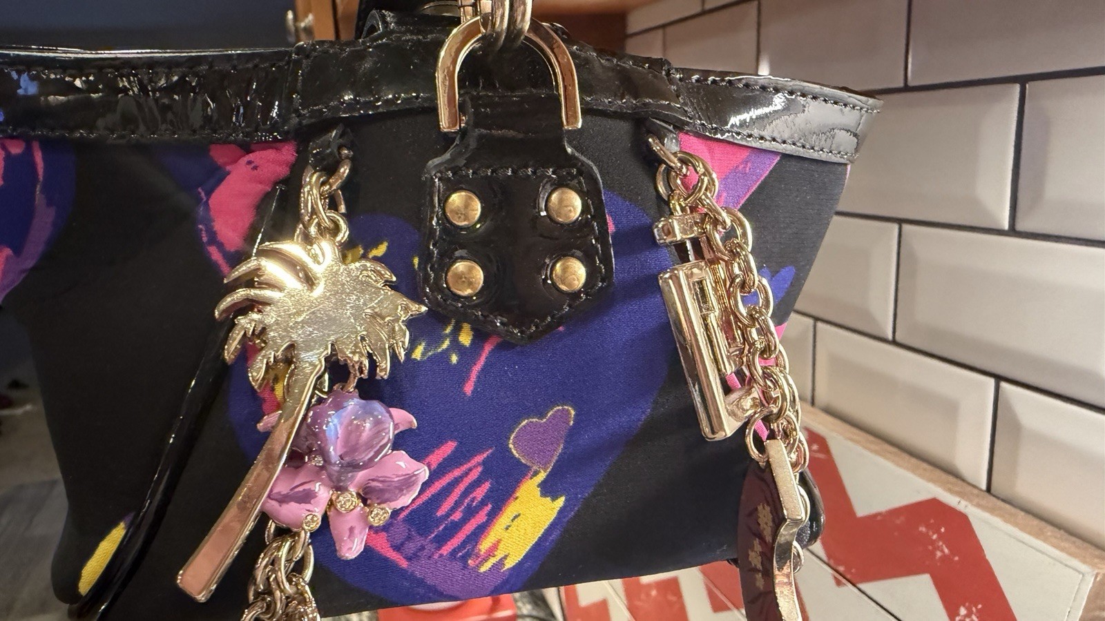Versace for H&M Silk Pink/Black Leather Designer Charms hearts Mini Bag