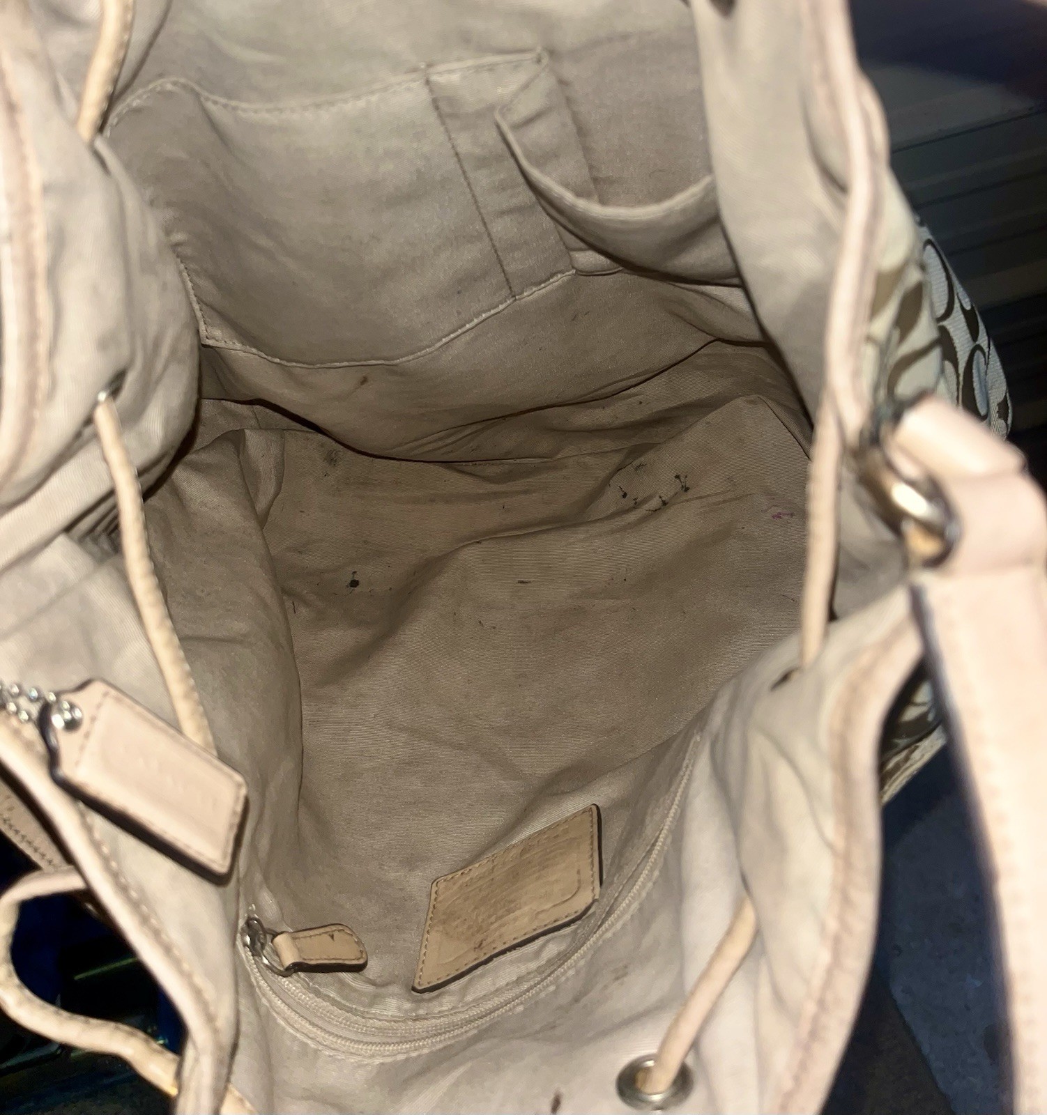 Coach Beige Pink Monogram Bucket Shoulder Bag Drawstring, Zip Wristlet, Gold